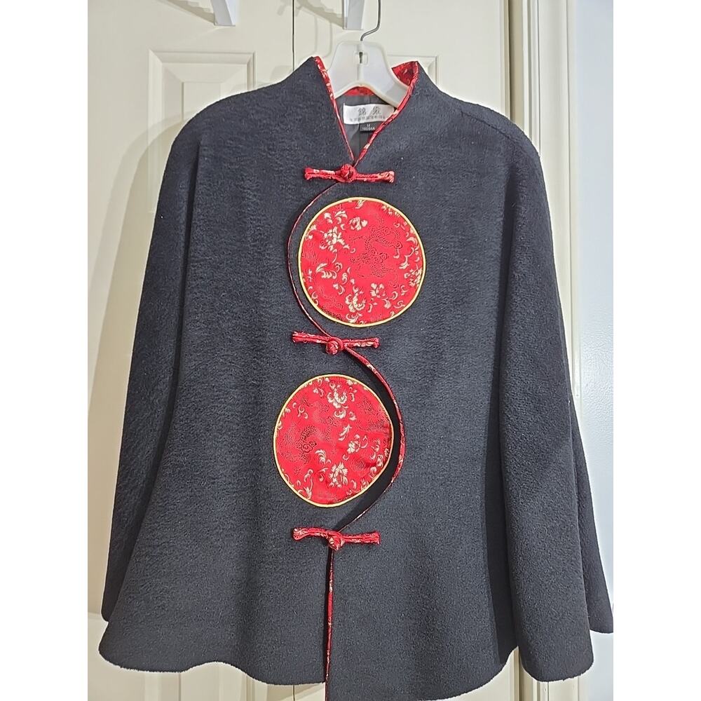 Vintage Asian Jinshang Black Red Embroidered Jacket Size M Wool Blend